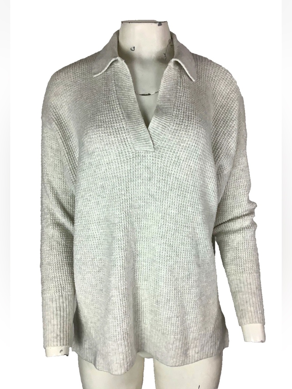Aerie Womens Sz XS Thermal Knit Oversized VNeck Long Sleeve Pullover Top Gray